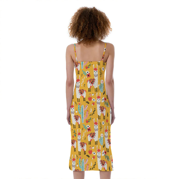 Yellow Llama Pattern Print Slim Fit Midi Cami Dress