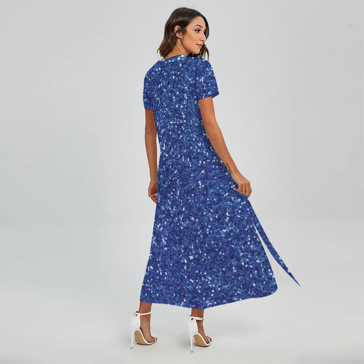 Blue (NOT Real) Glitter Print Short Sleeve Maxi Dress