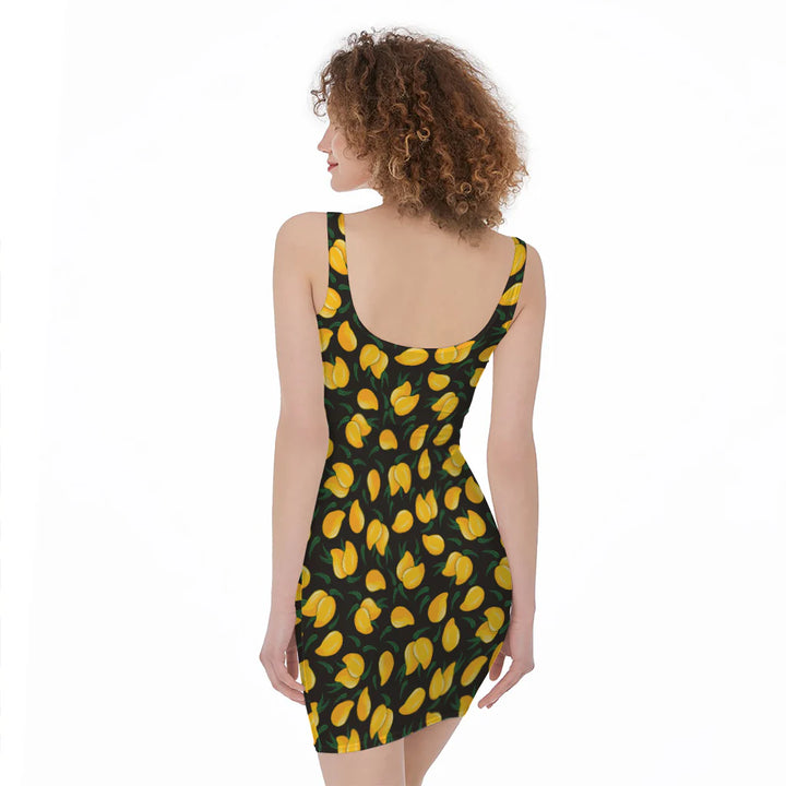 Yellow Mango Fruit Pattern Print Sleeveless Bodycon Dress