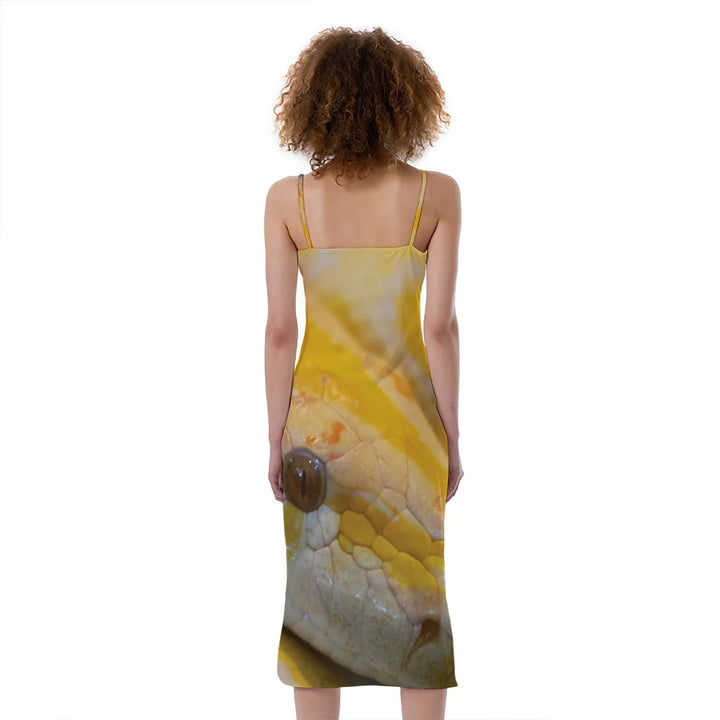 Yellow And White Python Snake Print Slim Fit Midi Cami Dress