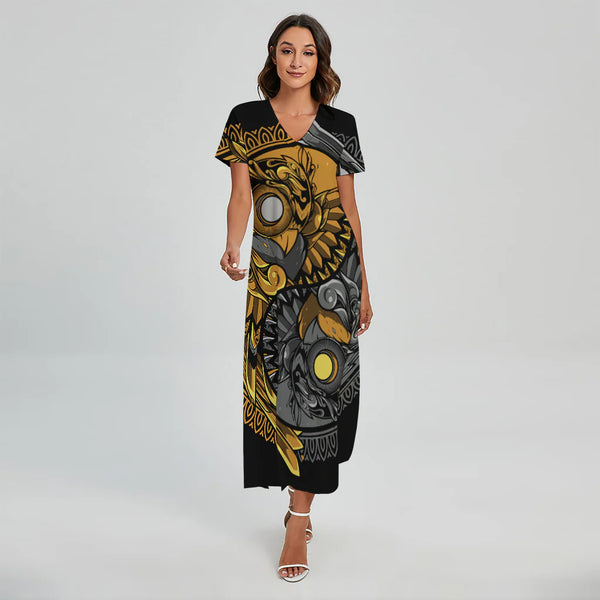 Yin Yang Owl Print Short Sleeve Maxi Dress