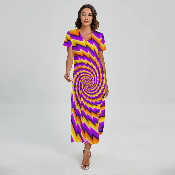 Yellow Twisted Moving Optical Illusion Short Sleeve Maxi Dress