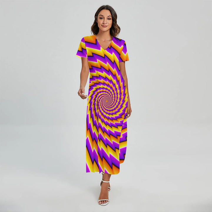 Yellow Twisted Moving Optical Illusion Short Sleeve Maxi Dress