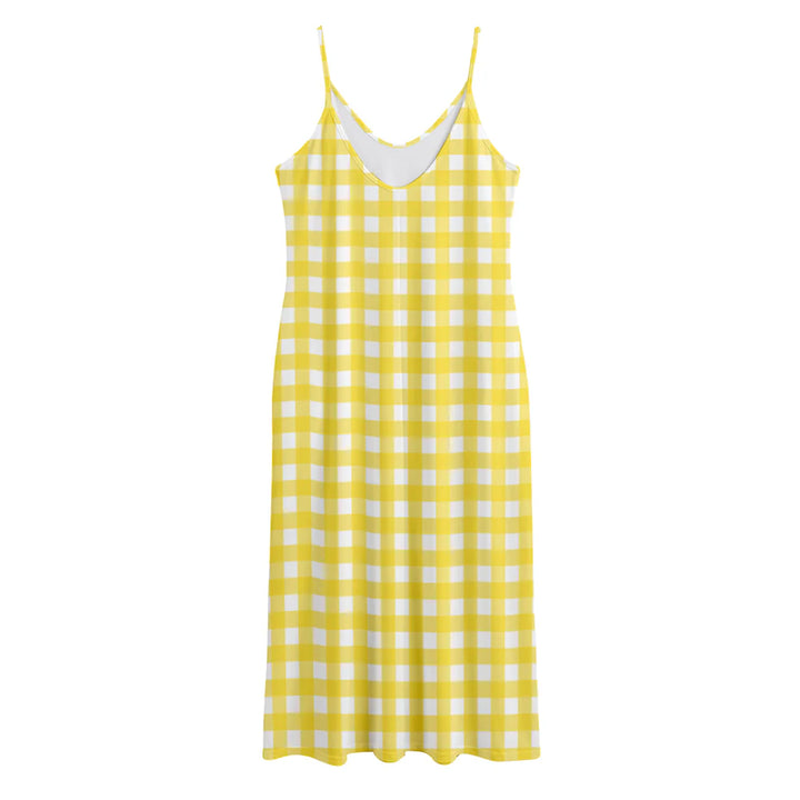 Yellow And White Check Pattern Print Jersey Midi Cami Dress