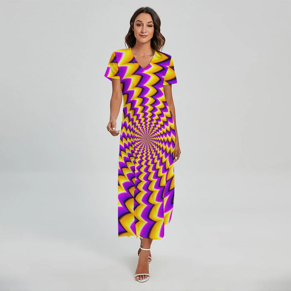 Yellow Dizzy Moving Optical Illusion Short Sleeve Maxi Dress