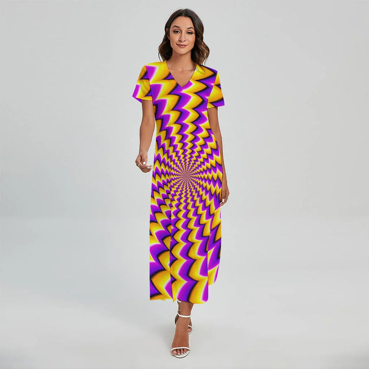 Yellow Dizzy Moving Optical Illusion Short Sleeve Maxi Dress