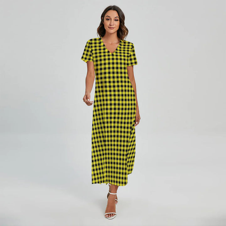 Yellow And Black Check Pattern Print Short Sleeve Maxi Dress