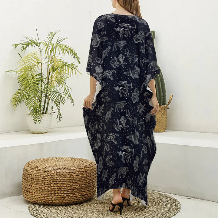 Zodiac Constellation Pattern Print Silk V-Neck Kaftan Dress