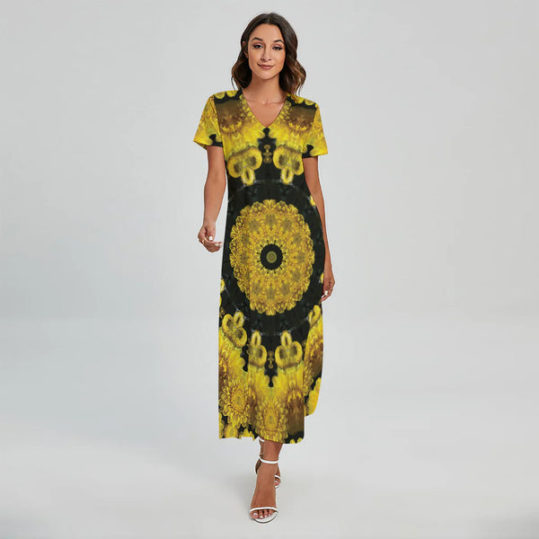 Yellow Flower Kaleidoscope Print Short Sleeve Maxi Dress