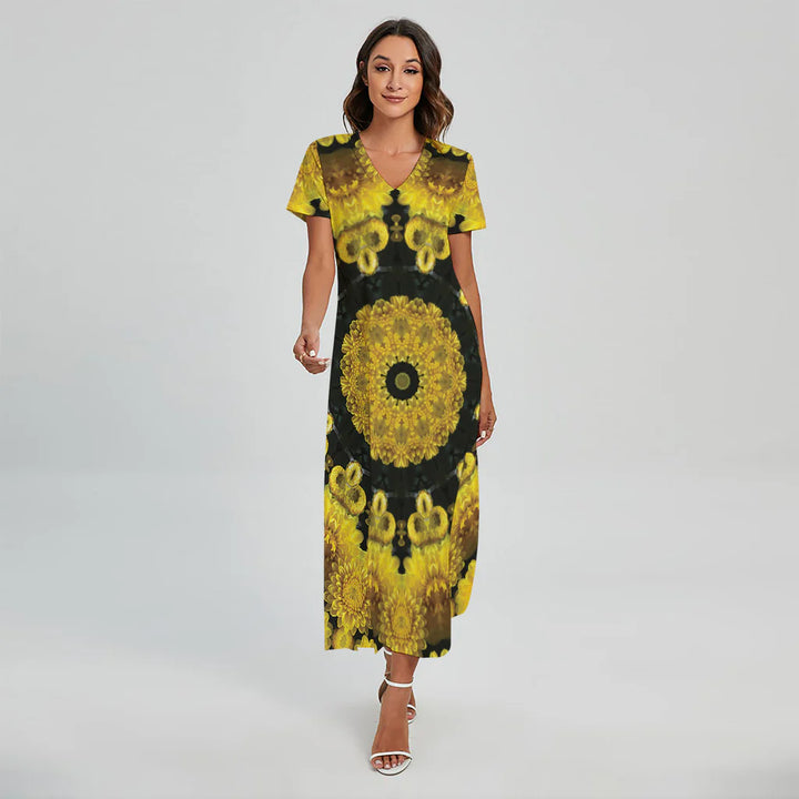 Yellow Flower Kaleidoscope Print Short Sleeve Maxi Dress