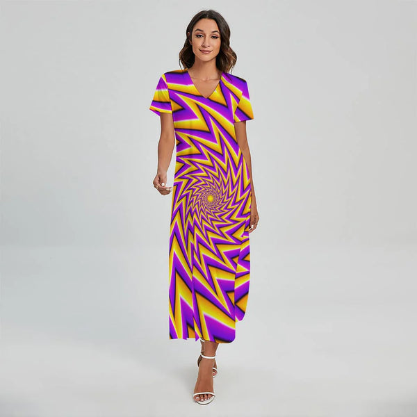 Yellow Big Bang Moving Optical Illusion Short Sleeve Maxi Dress