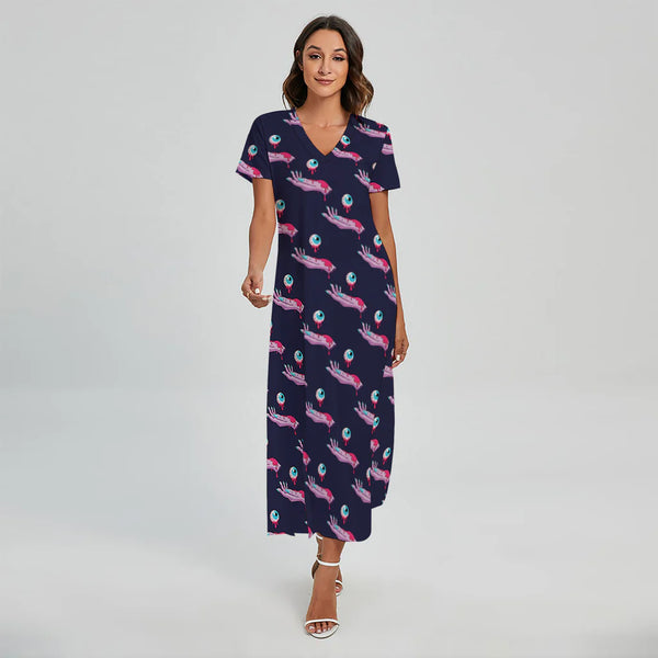 Zombie Eyeball Pattern Print Short Sleeve Maxi Dress