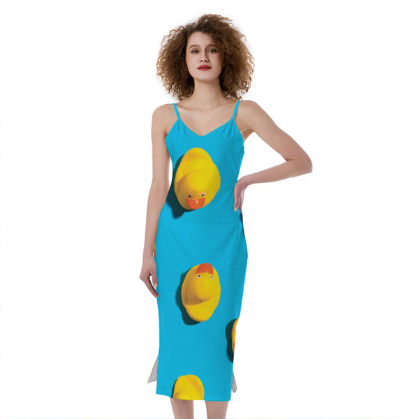 Yellow Rubber Ducks Print Slim Fit Midi Cami Dress