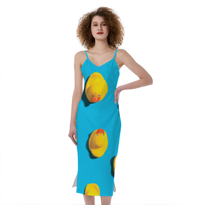 Yellow Rubber Ducks Print Slim Fit Midi Cami Dress