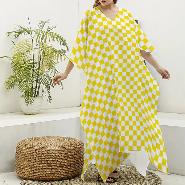 Yellow And White Checkered Pattern Print Silk V-Neck Kaftan Dress