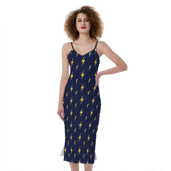 Yellow Lightning Bolts Pattern Print Slim Fit Midi Cami Dress
