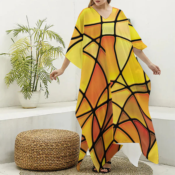 Yellow Stained Glass Mosaic Print Silk V-Neck Kaftan Dress