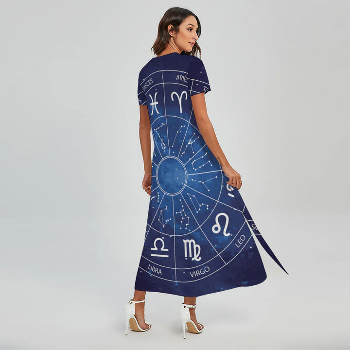 Zodiac Signs Wheel Print Short Sleeve Maxi Dress