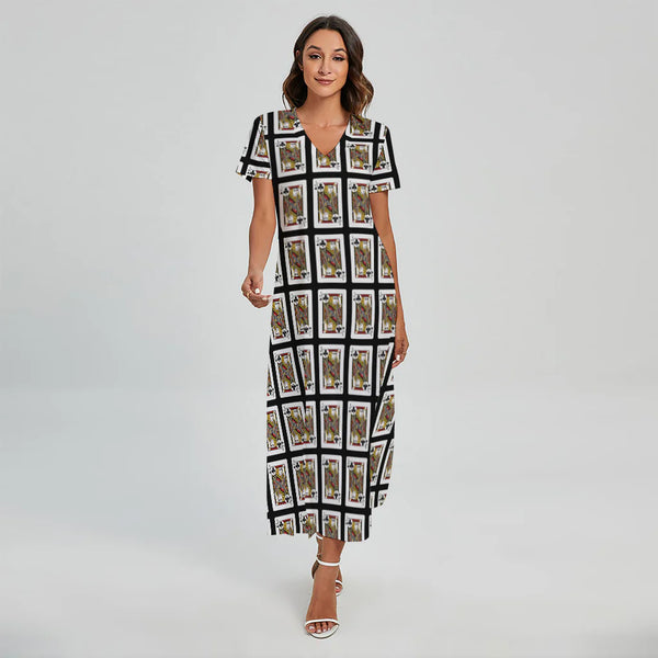Jack Of Clubs Playing Card Pattern Print Short Sleeve Maxi Dress