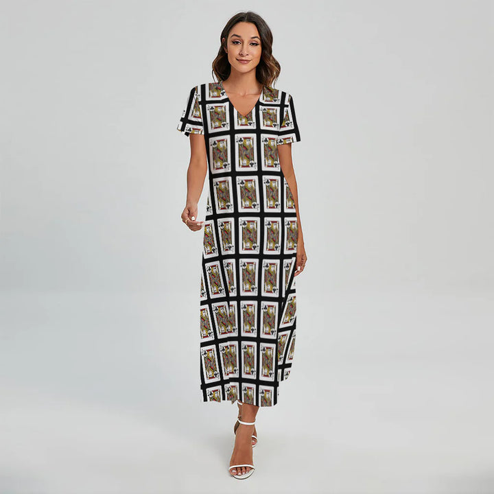 Jack Of Clubs Playing Card Pattern Print Short Sleeve Maxi Dress