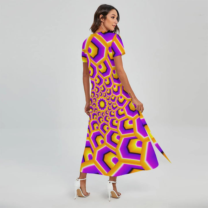 Yellow Hive Moving Optical Illusion Short Sleeve Maxi Dress