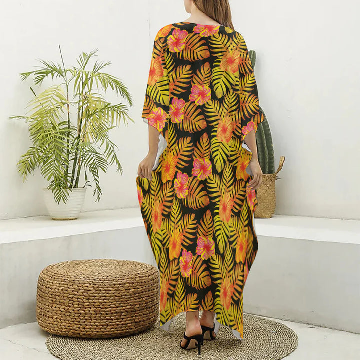 Yellow Hawaiian Tropical Pattern Print Silk V-Neck Kaftan Dress