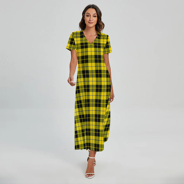 Yellow Black And Blue Tartan Print Short Sleeve Maxi Dress