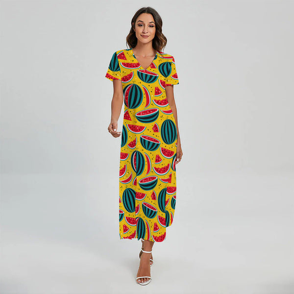 Yellow Watermelon Pieces Pattern Print Short Sleeve Maxi Dress