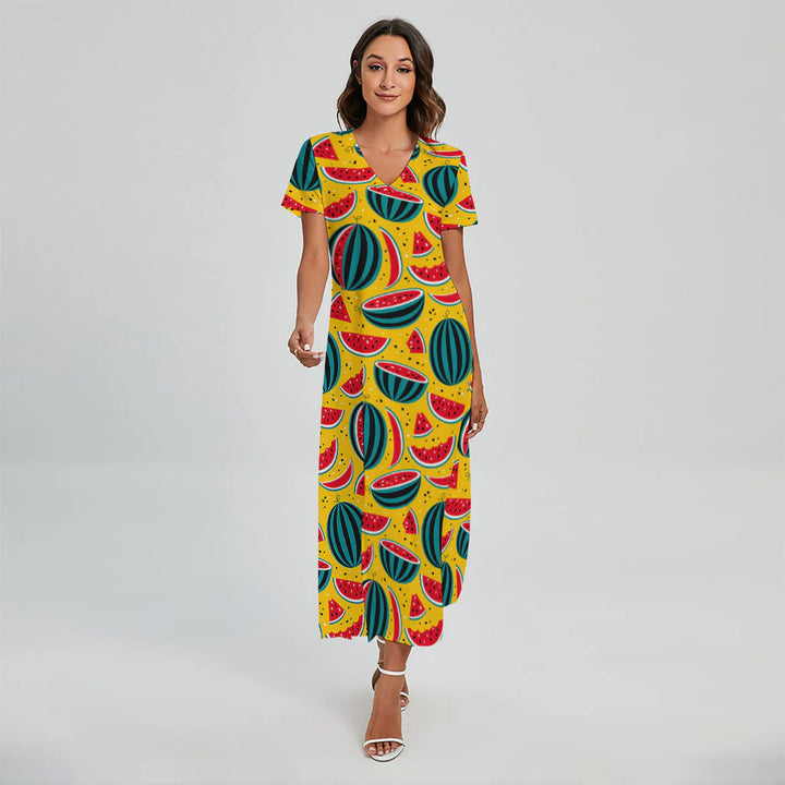 Yellow Watermelon Pieces Pattern Print Short Sleeve Maxi Dress