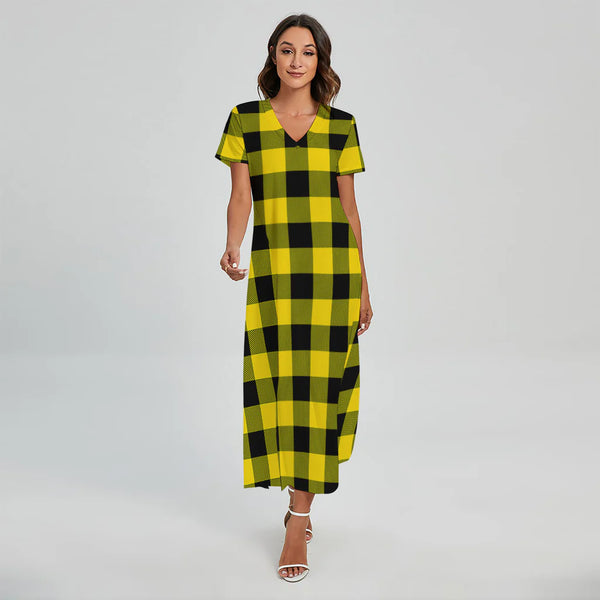 Yellow And Black Buffalo Check Print Short Sleeve Maxi Dress