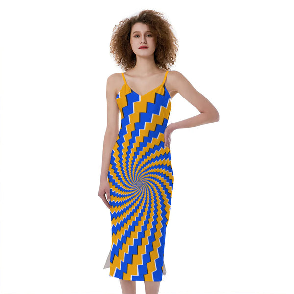 Yellow Spiral Moving Optical Illusion Slim Fit Midi Cami Dress