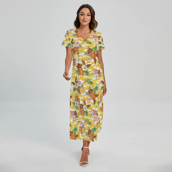 Yellow Camo And Hibiscus Flower Print Short Sleeve Maxi Dress