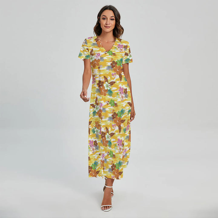 Yellow Camo And Hibiscus Flower Print Short Sleeve Maxi Dress
