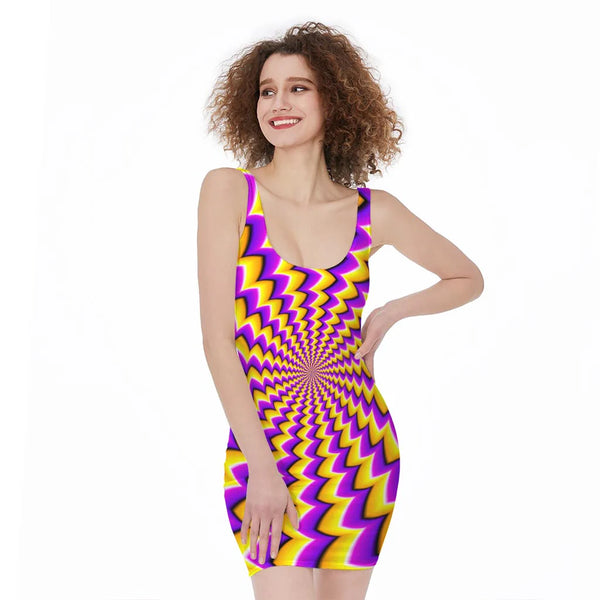 Yellow Dizzy Moving Optical Illusion Sleeveless Bodycon Dress