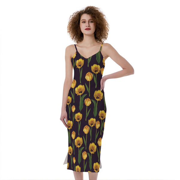 Yellow Tulip Flower Pattern Print Slim Fit Midi Cami Dress