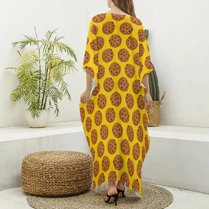 Yellow Cookie Pattern Print Silk V-Neck Kaftan Dress