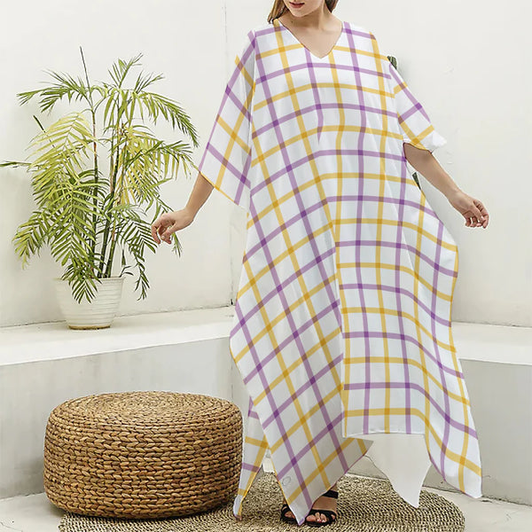 Yellow And Purple Tattersall Print Silk V-Neck Kaftan Dress