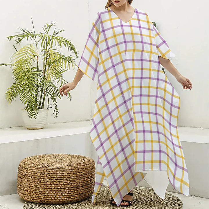 Yellow And Purple Tattersall Print Silk V-Neck Kaftan Dress