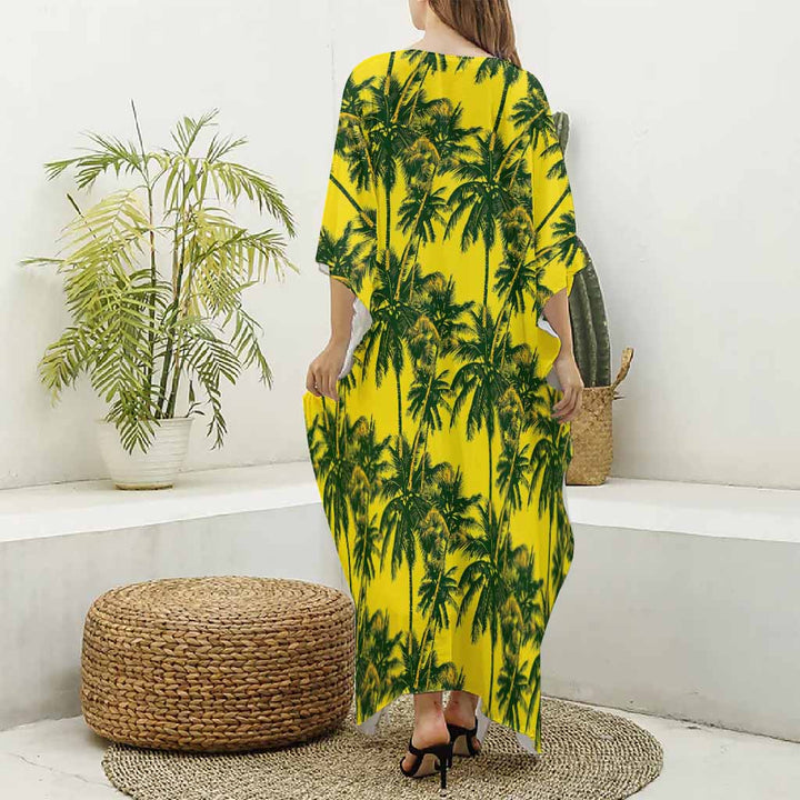 Yellow Palm Tree Pattern Print Silk V-Neck Kaftan Dress