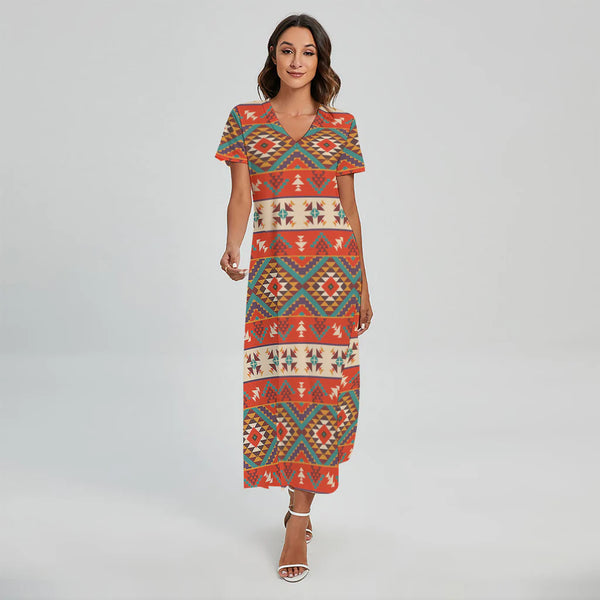 Geometric Native Navajo Print Short Sleeve Maxi Dress