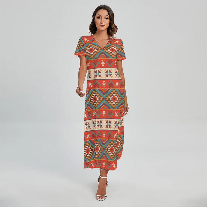 Geometric Native Navajo Print Short Sleeve Maxi Dress