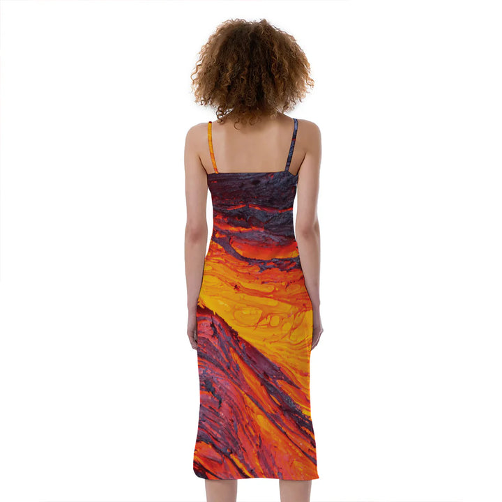 Volcano Lava Print Slim Fit Midi Cami Dress