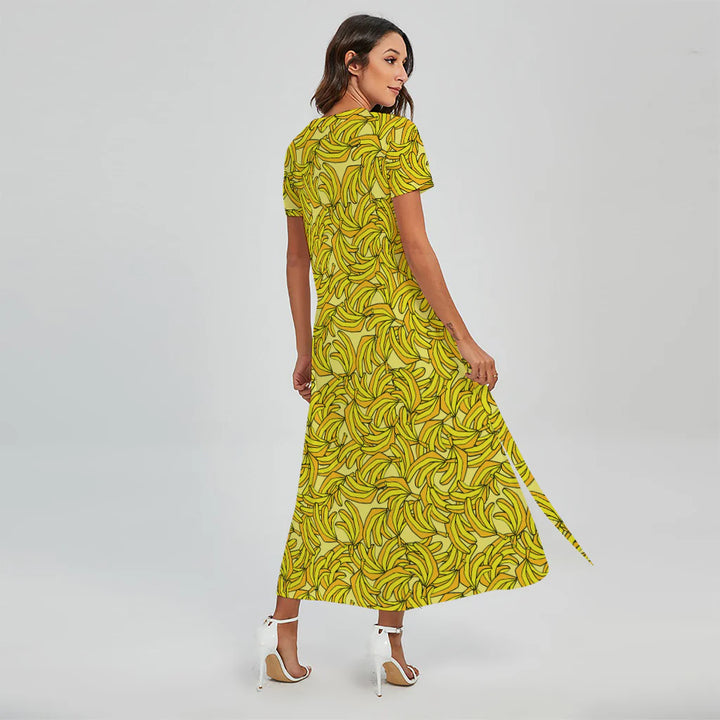 Yellow Geometric Banana Pattern Print Short Sleeve Maxi Dress