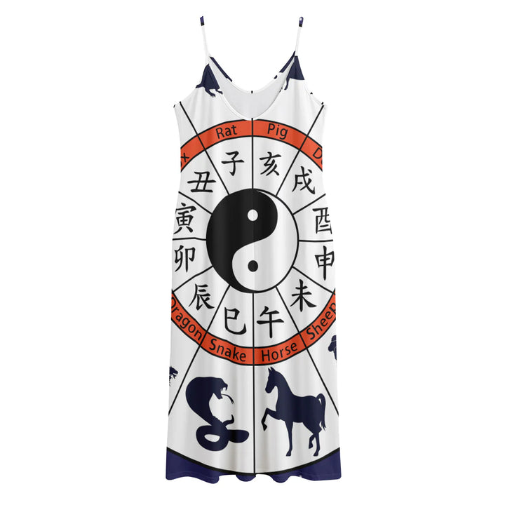 Yin Yang Chinese Zodiac Wheel Print Jersey Midi Cami Dress