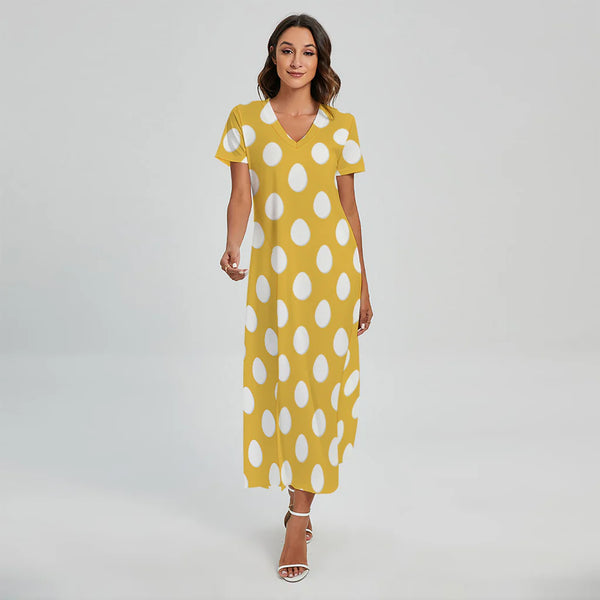 Yellow Eggs Pattern Print Short Sleeve Maxi Dress