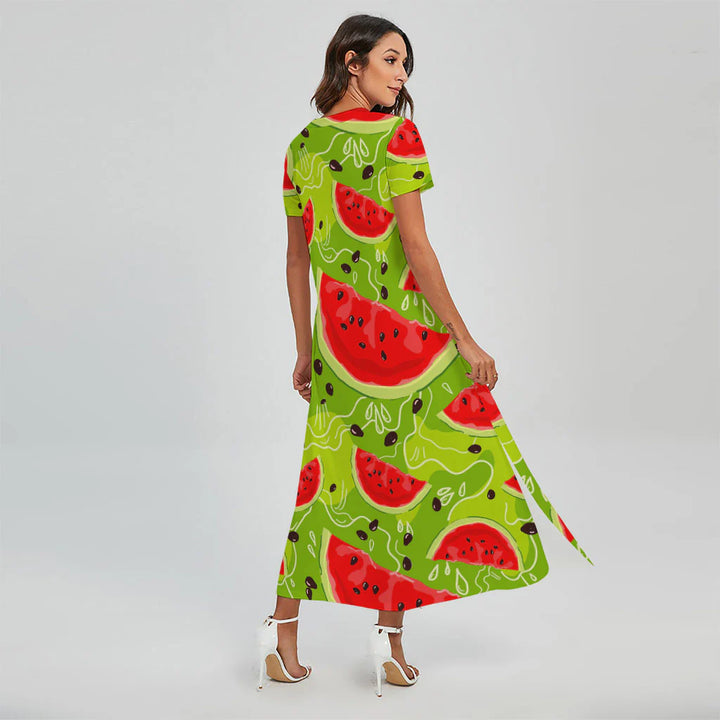 Yummy Watermelon Pieces Pattern Print Short Sleeve Maxi Dress