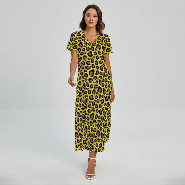Yellow And Purple Leopard Pattern Print Short Sleeve Maxi Dress