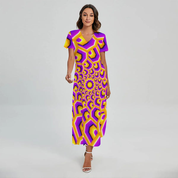 Yellow Hive Moving Optical Illusion Short Sleeve Maxi Dress