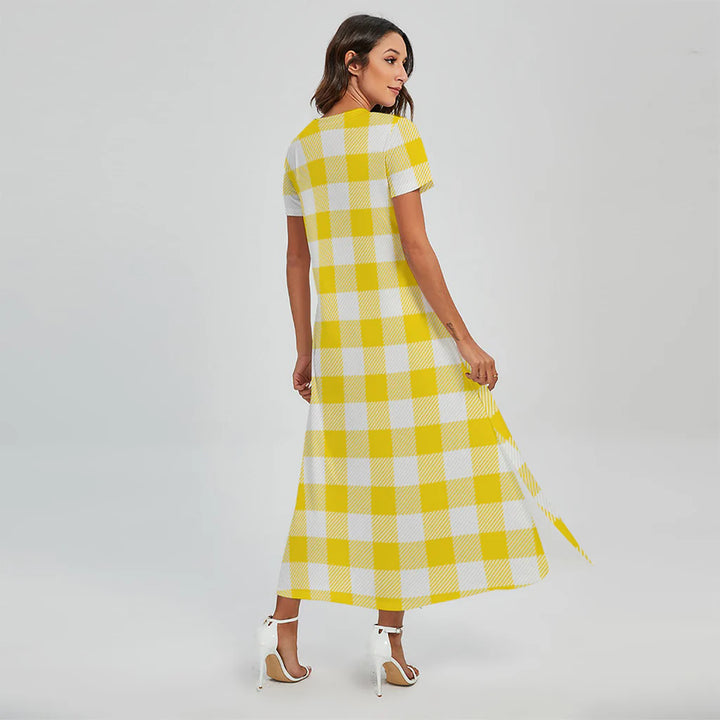 Yellow And White Buffalo Check Print Short Sleeve Maxi Dress