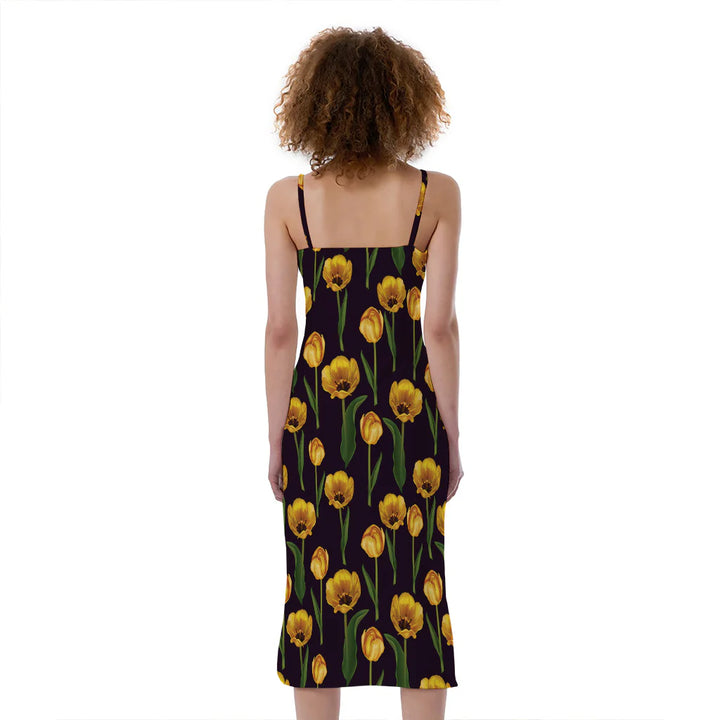 Yellow Tulip Flower Pattern Print Slim Fit Midi Cami Dress